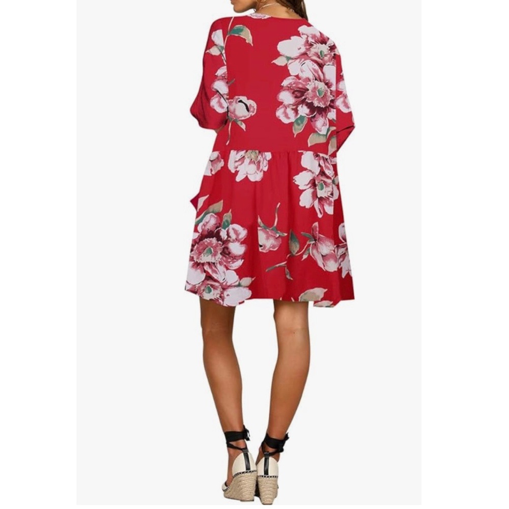 Belongsci Floral Print Red Half Sleeve Button Down V-Neck Dress - Picture 2 of 6